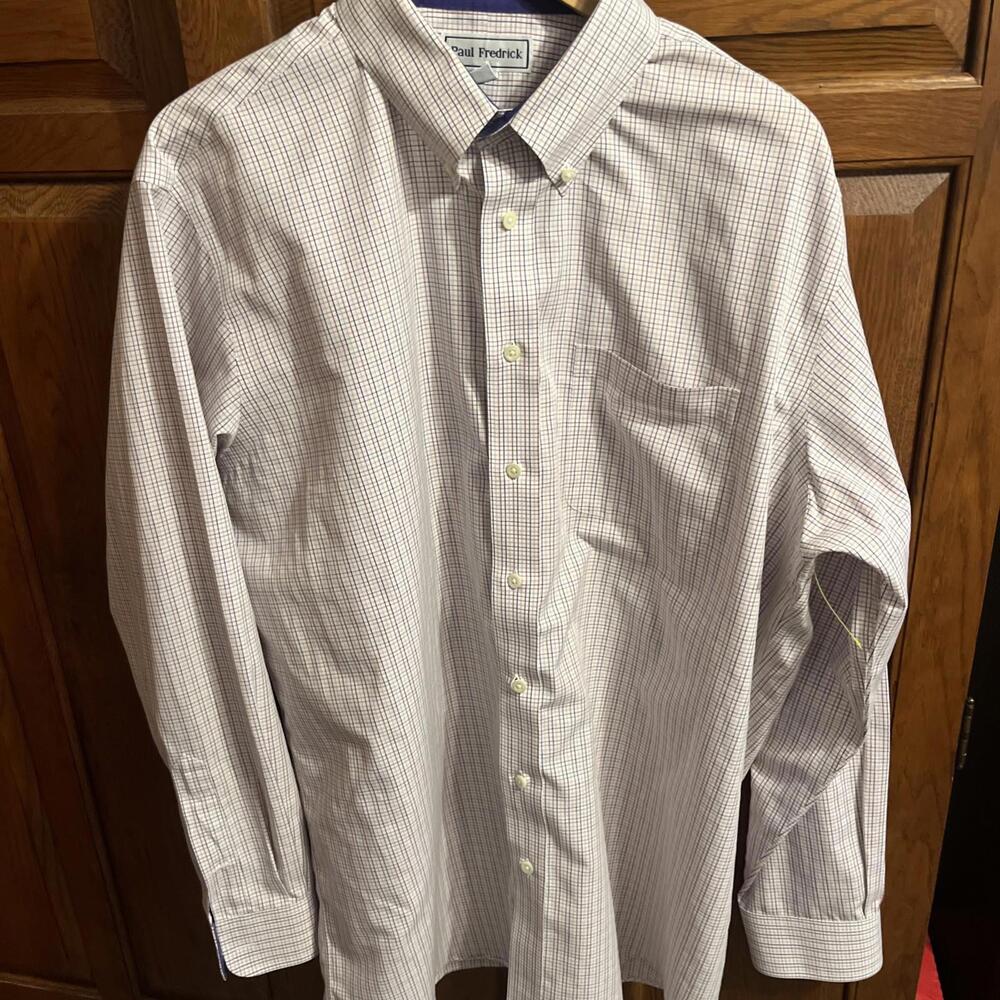 Paul Fredrick Shirt Mens Size 17.5-36 Striped Dress Non-Iron Two Ply Broadcloth‎